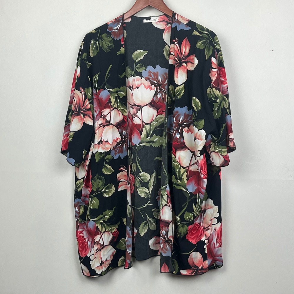 Emetla Floral Open Front Kimono Large Black Boho Festival Coastal Grandma
